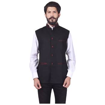 Black Cotton Poly Nehru Jacket 1