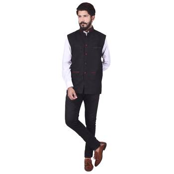 Black Cotton Poly Nehru Jacket 2