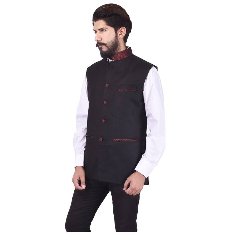Black Cotton Poly Nehru Jacket