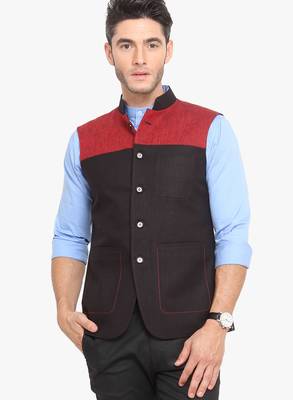 Black Cotton Poly Nehru Jacket 1