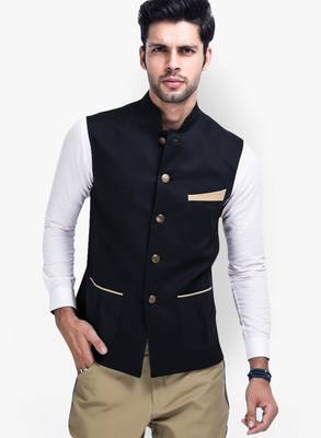 Black Cotton Poly Nehru Jacket 1
