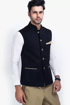 Black Cotton Poly Nehru Jacket