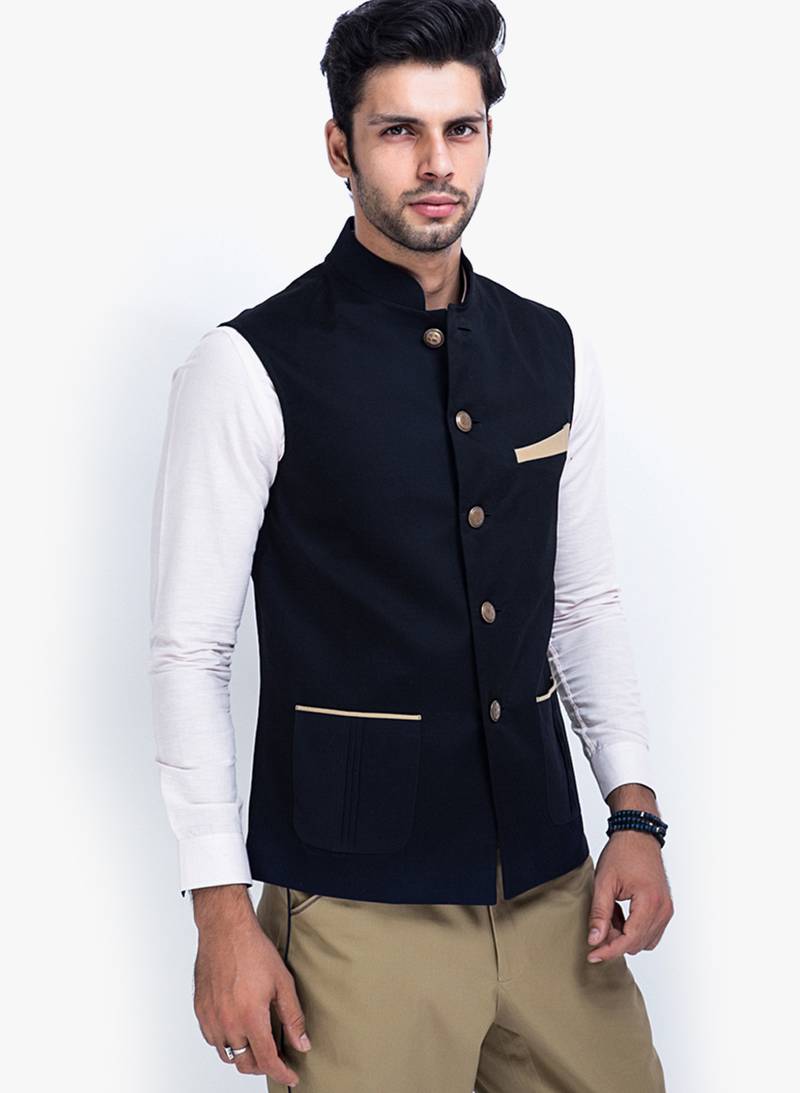 Black Cotton Poly Nehru Jacket - Veera Paridhaan - 2304868