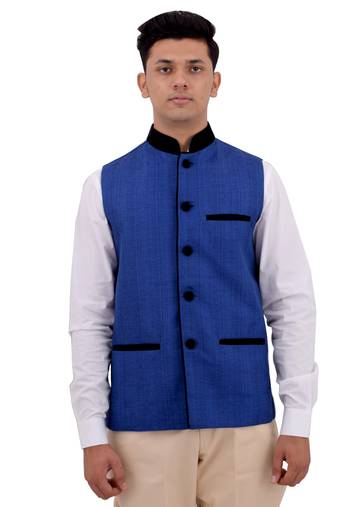Blue Cotton Jute Nehru Jacket