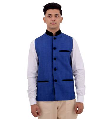 Blue Cotton Jute Nehru Jacket 1