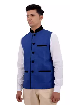Blue Cotton Jute Nehru Jacket