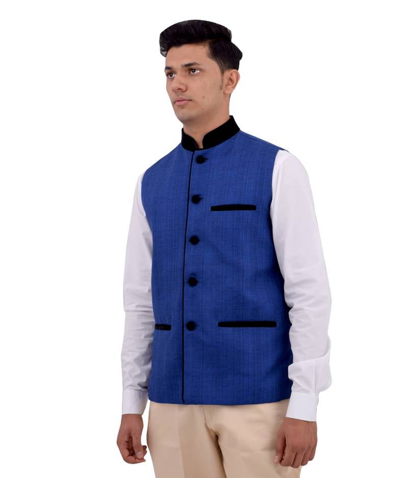 Blue Cotton Jute Nehru Jacket