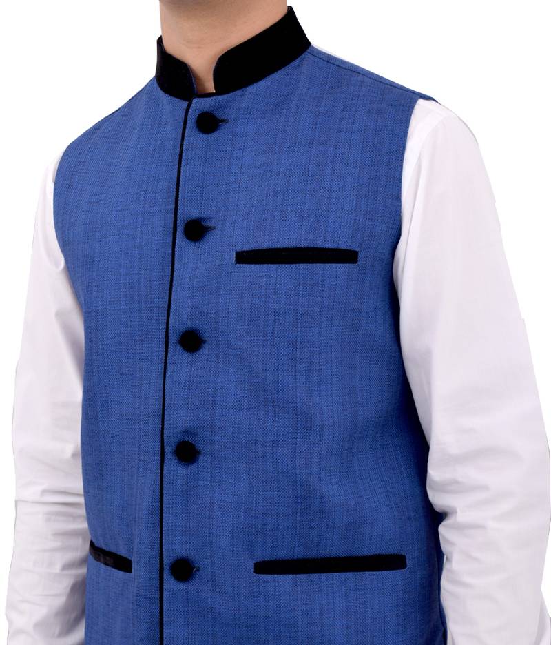 Blue Cotton Jute Nehru Jacket