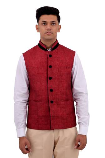 Red Cotton Jute Nehru Jacket