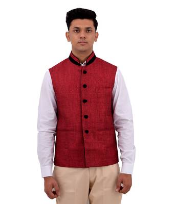 Red Cotton Jute Nehru Jacket 1