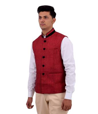 Red Cotton Jute Nehru Jacket 2