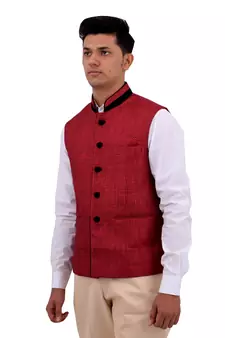 Red Cotton Jute Nehru Jacket