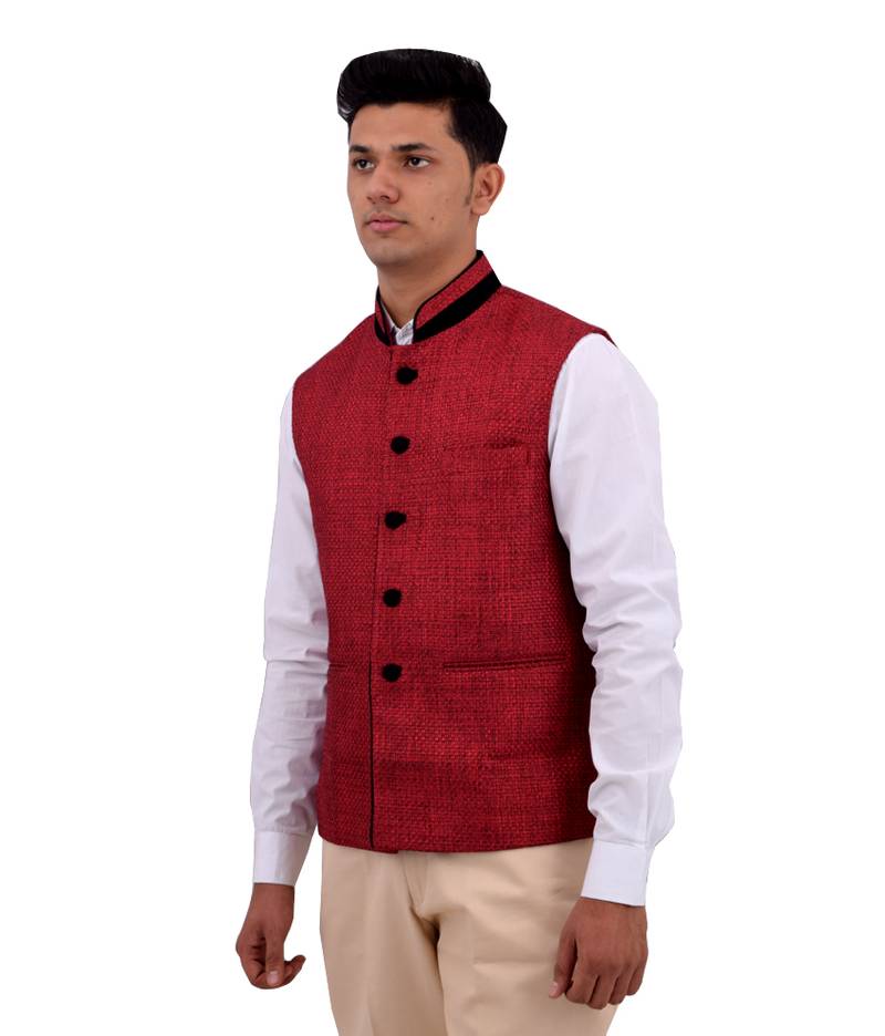 Red Cotton Jute Nehru Jacket