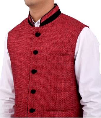 Red Cotton Jute Nehru Jacket 3