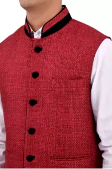 Red Cotton Jute Nehru Jacket