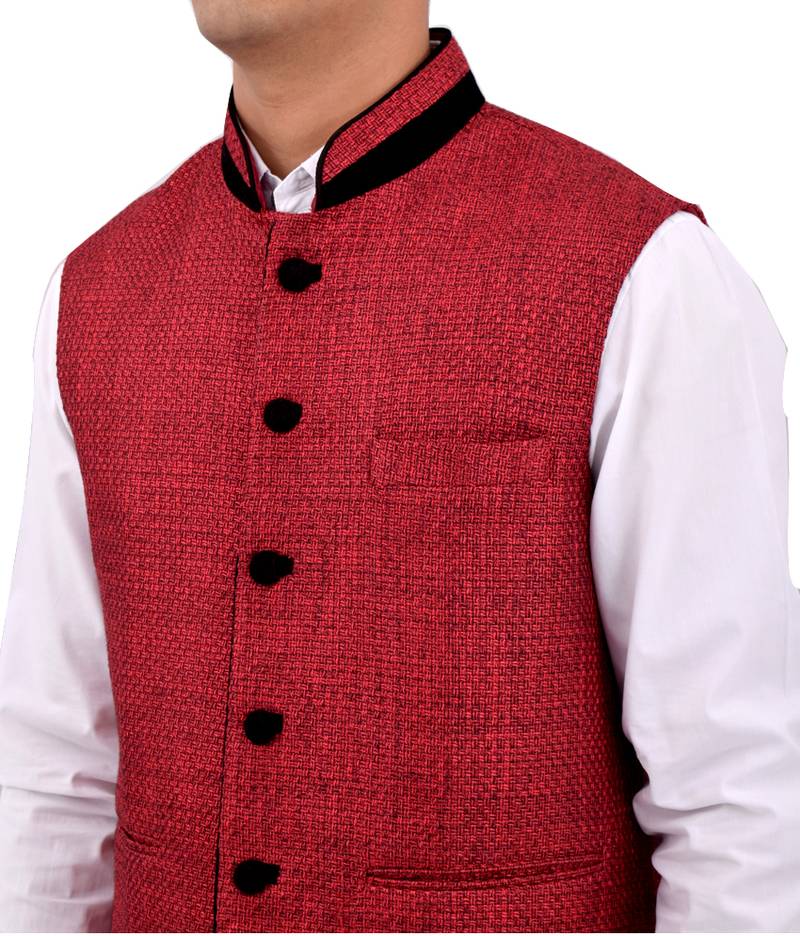 Red Cotton Jute Nehru Jacket
