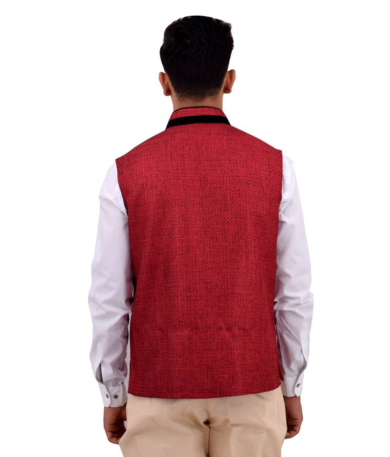 Red Cotton Jute Nehru Jacket