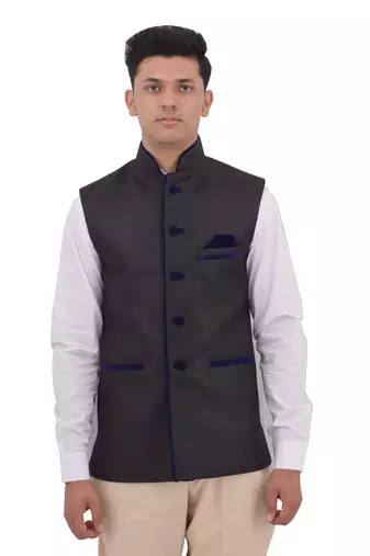 Black Cotton Jute Nehru Jacket