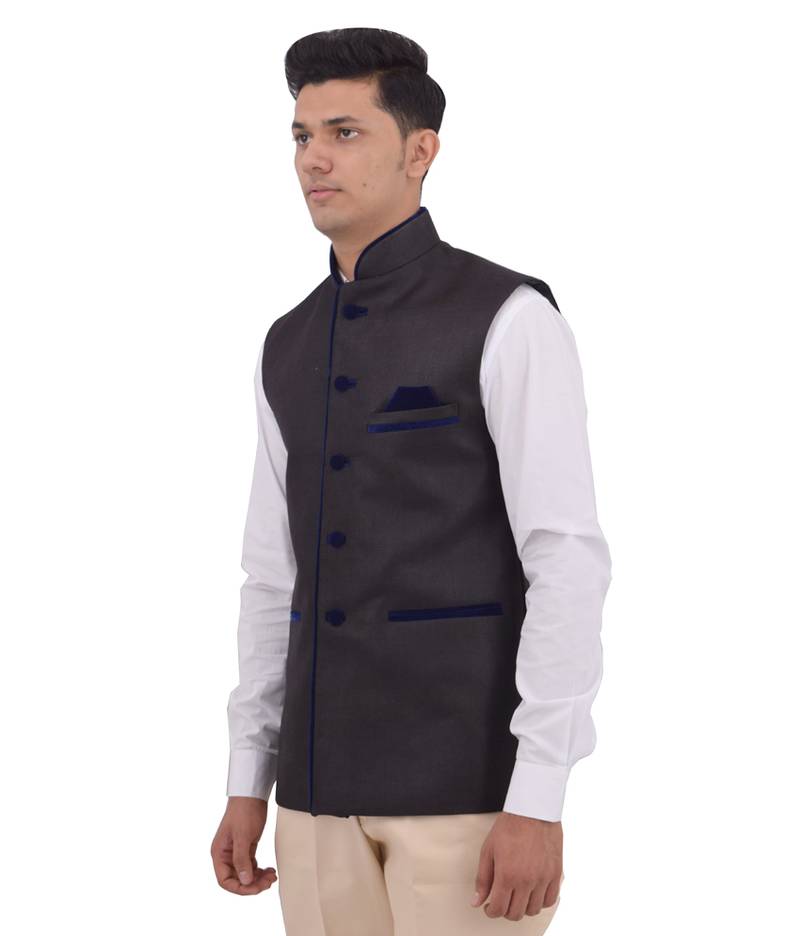 Black Cotton Jute Nehru Jacket
