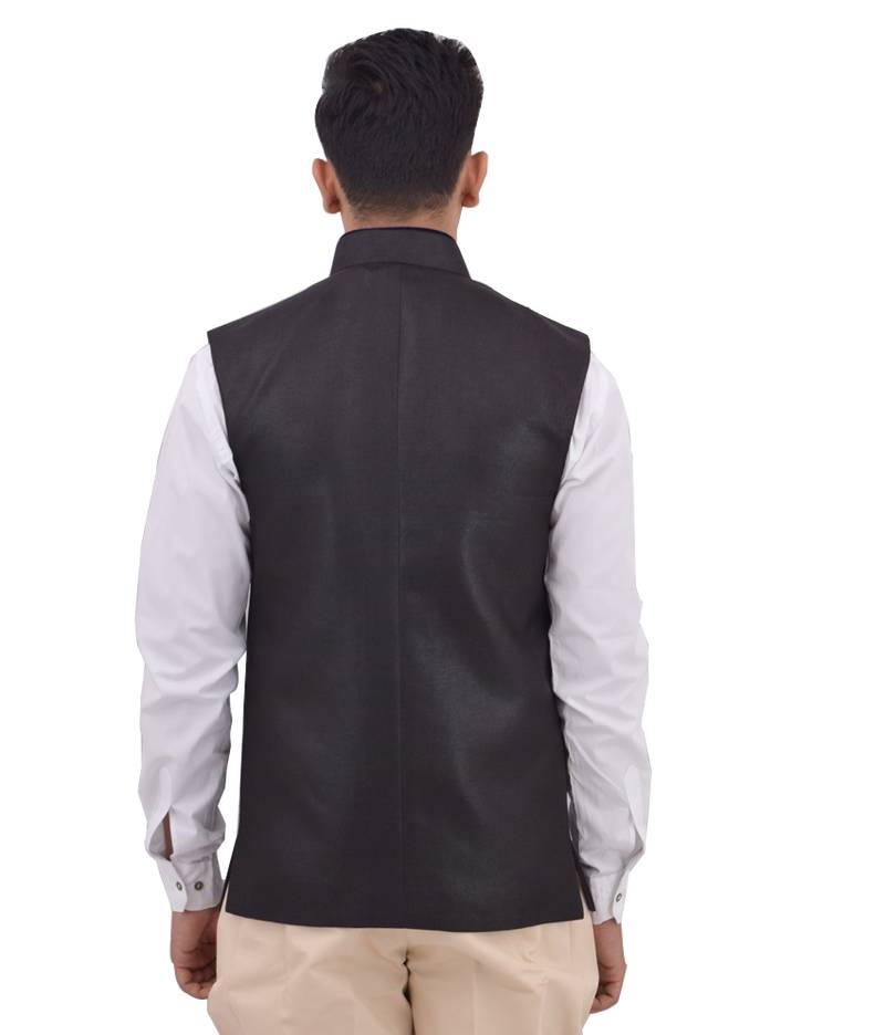 Black Cotton Jute Nehru Jacket