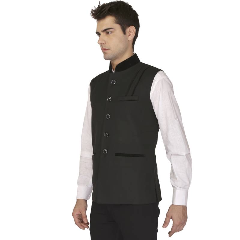 Black Cotton Poly Nehru Jacket