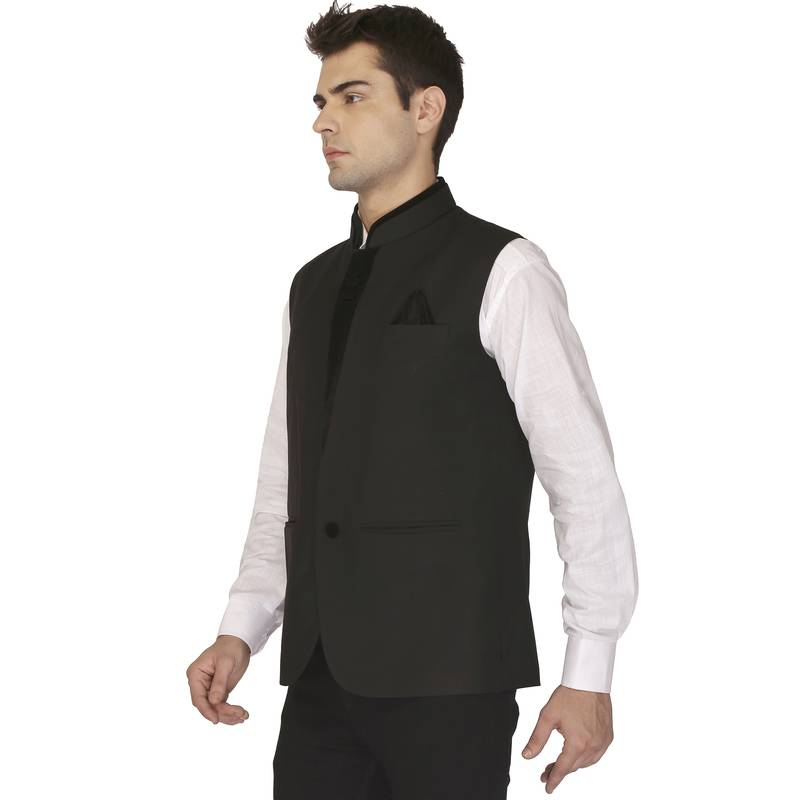 Black Cotton Poly Nehru Jacket