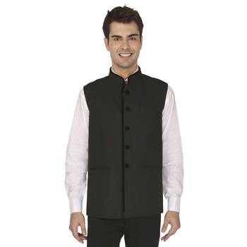 Black Cotton Poly Nehru Jacket 1