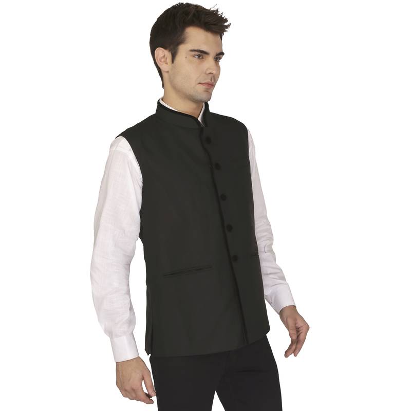 Black Cotton Poly Nehru Jacket