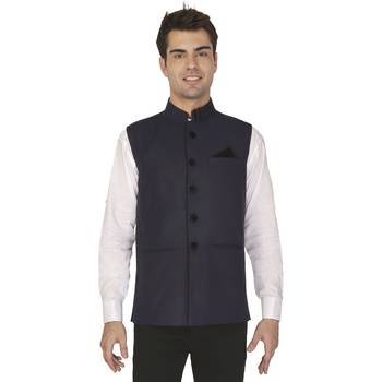Blue Cotton Poly Nehru Jacket 1