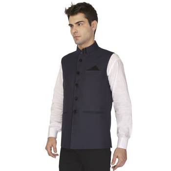 Blue Cotton Poly Nehru Jacket 2