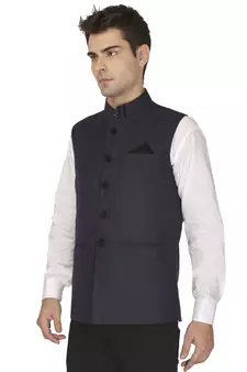 Blue Cotton Poly Nehru Jacket