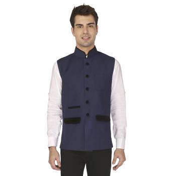 Blue Cotton Poly Nehru Jacket 1
