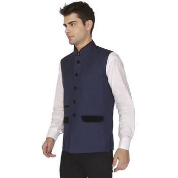 Blue Cotton Poly Nehru Jacket 2