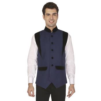 Blue Cotton Poly Nehru Jacket 1