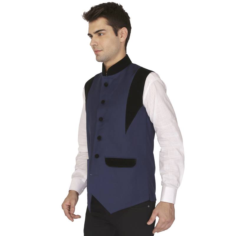 Blue Cotton Poly Nehru Jacket