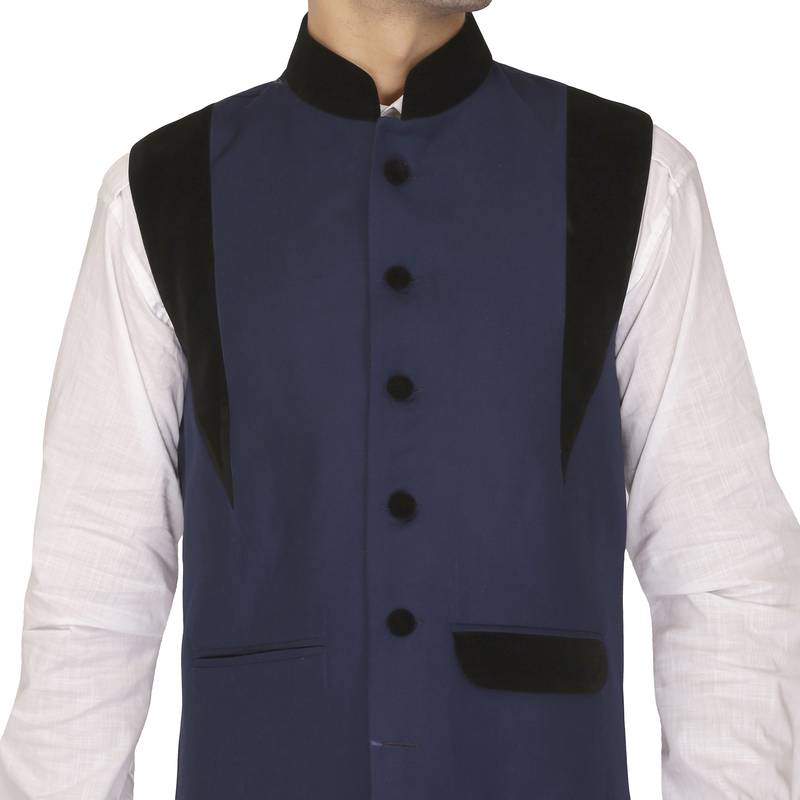 Blue Cotton Poly Nehru Jacket