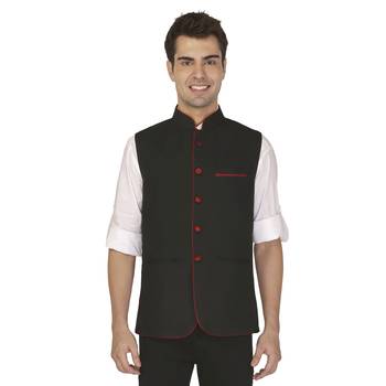 Black Cotton Poly Nehru Jacket 1