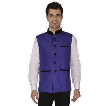 Blue Cotton Poly Nehru Jacket 1