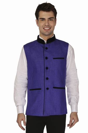 Blue Cotton Poly Nehru Jacket