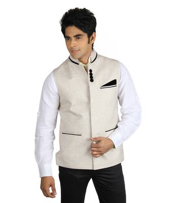 Beige Cotton Linen Nehru Jacket 1