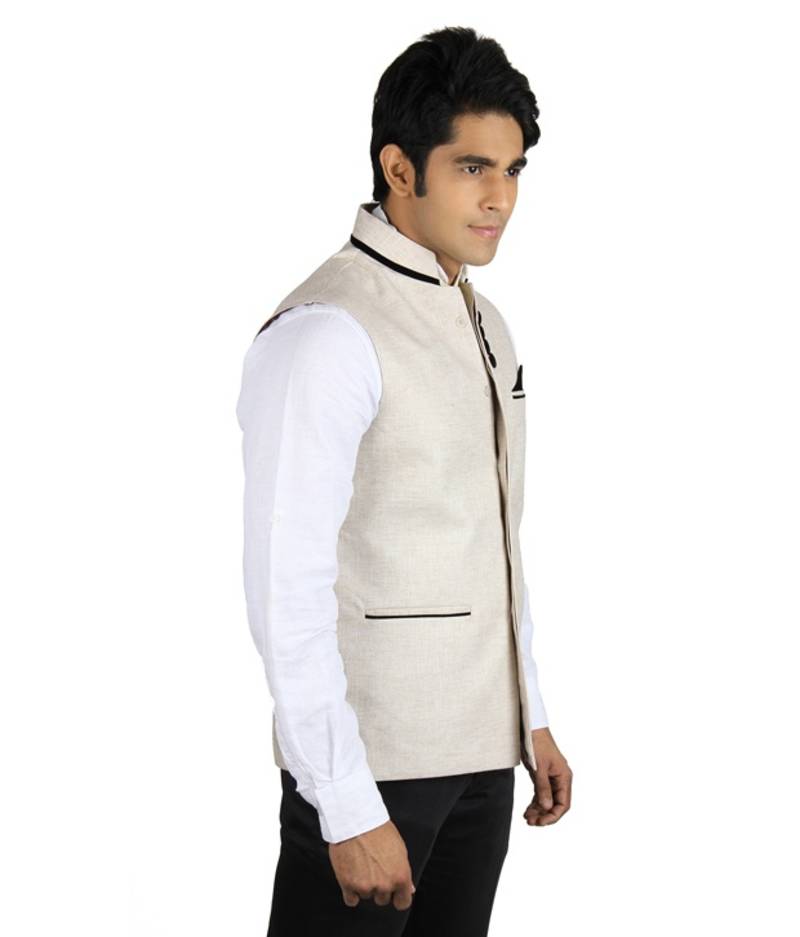 Beige Cotton Linen Nehru Jacket