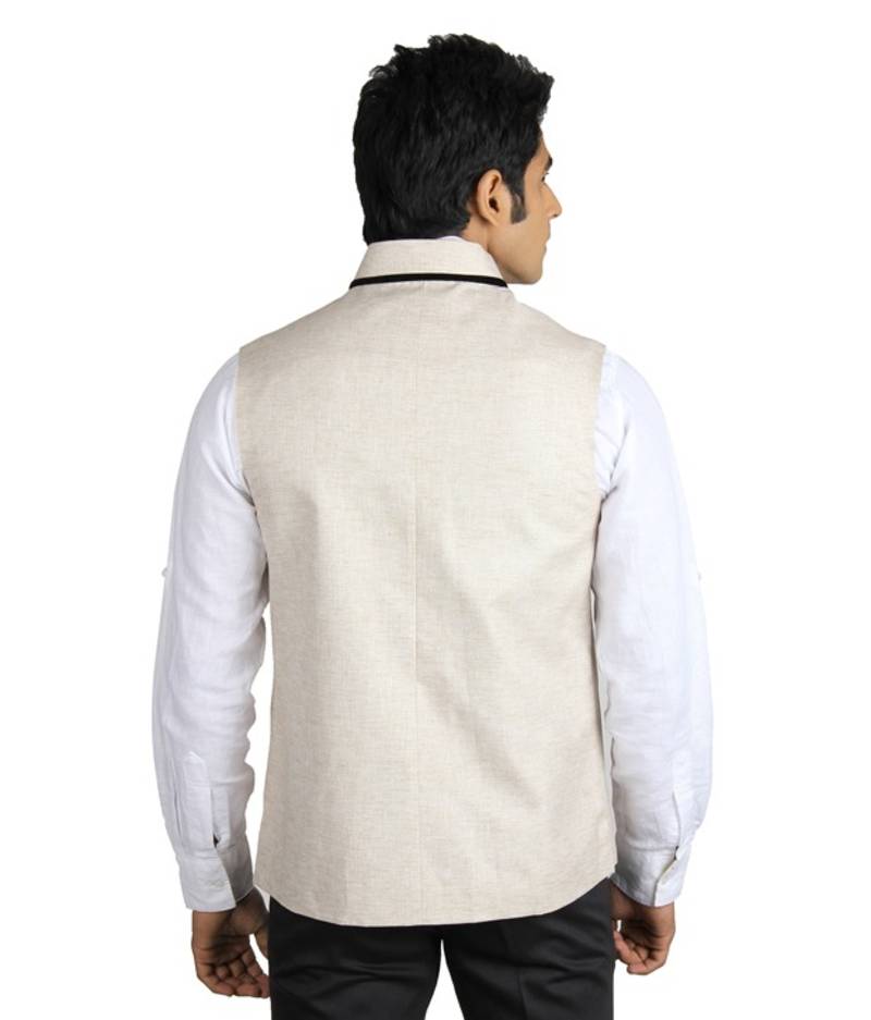 Beige Cotton Linen Nehru Jacket