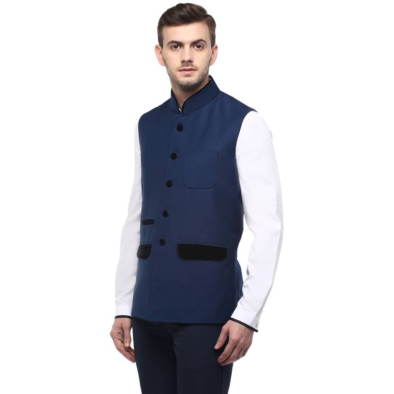 Blue  Cotton  Poly  Nehru  Jacket