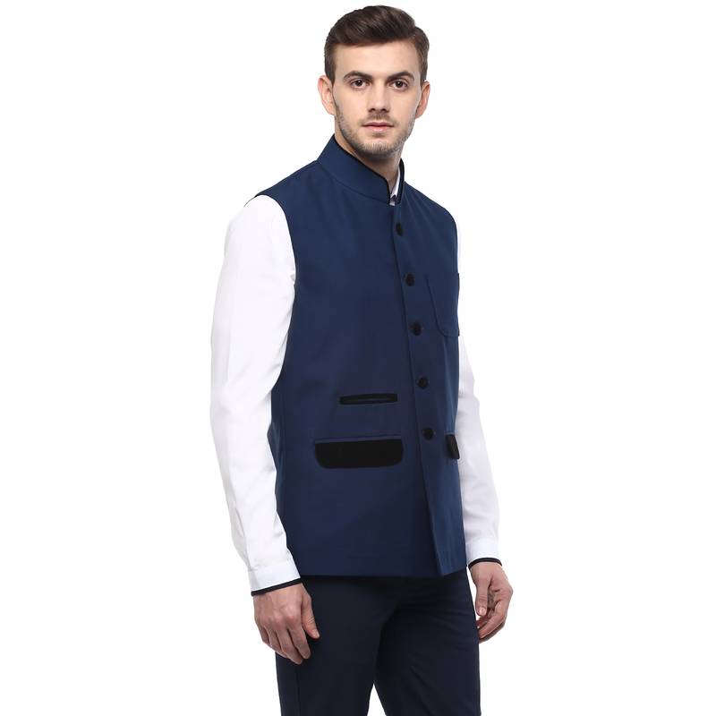 Blue  Cotton  Poly  Nehru  Jacket