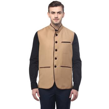 Brown Cotton Poly Nehru Jacket 1