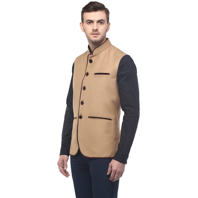 Brown Cotton Poly Nehru Jacket
