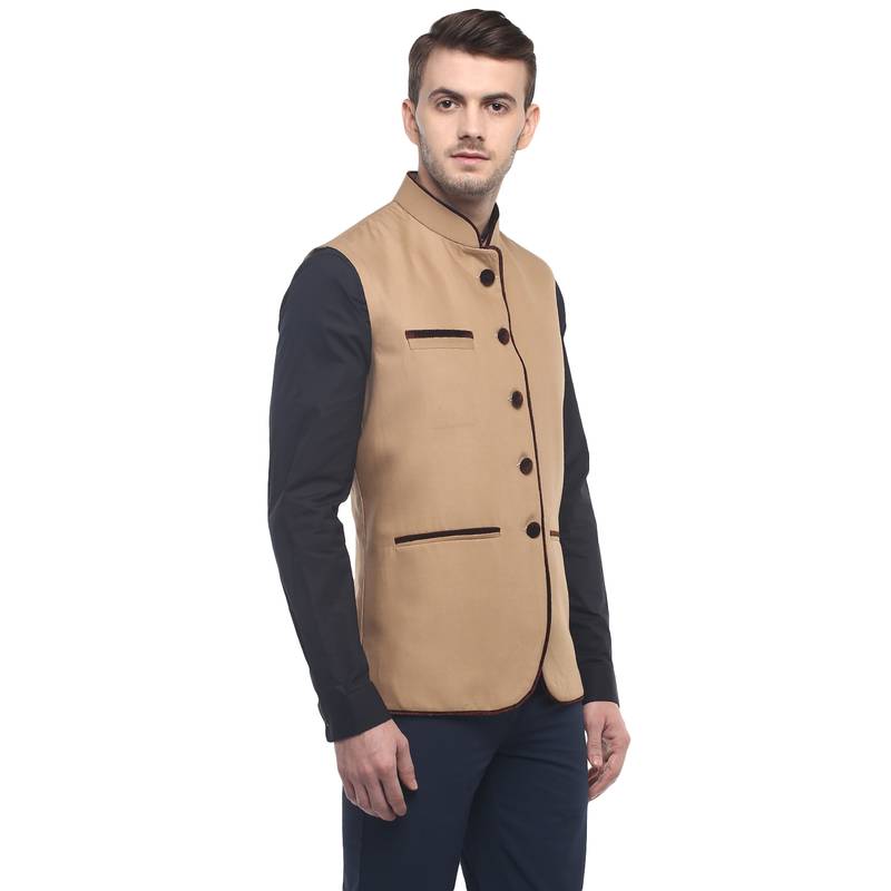 Brown Cotton Poly Nehru Jacket