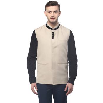 Beige  Cotton  Poly  Nehru  Jacket 1