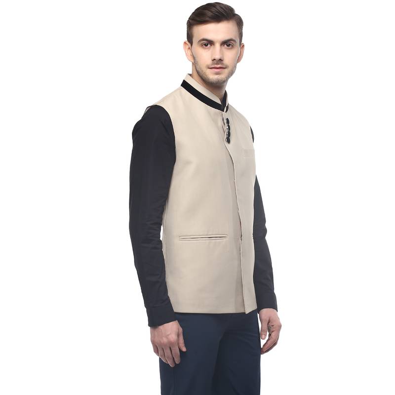 Beige  Cotton  Poly  Nehru  Jacket