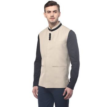 Beige  Cotton  Poly  Nehru  Jacket 4